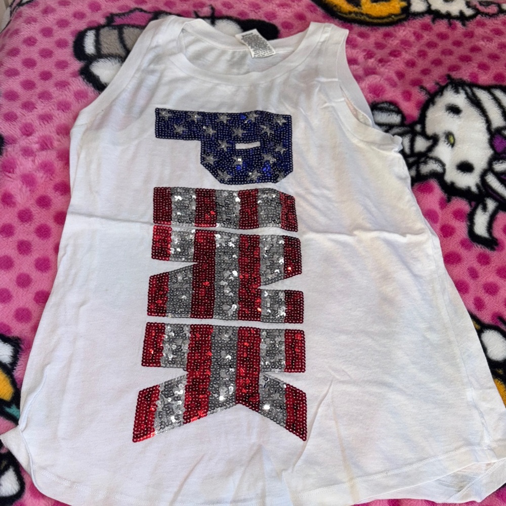 PINK Victoria's Secret Tank Top - White with Red, Blue, Silver Sequins